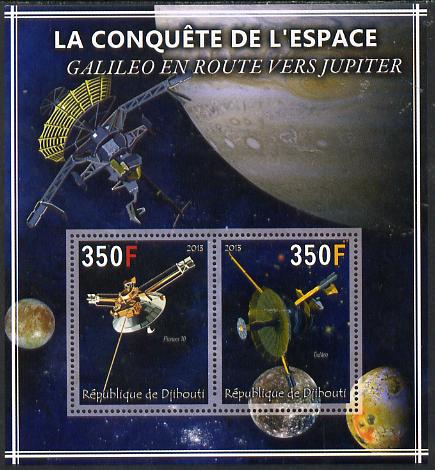 Djibouti 2013 Conquest of Space - Galileo on route to Jupiter perf sheetlet containing 2 values unmounted mint, stamps on , stamps on  stamps on space, stamps on  stamps on satellites, stamps on  stamps on planets, stamps on  stamps on jupiter, stamps on  stamps on 