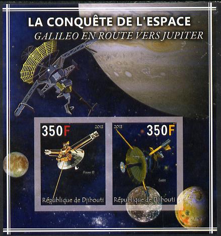 Djibouti 2013 Conquest of Space - Galileo on route to Jupiter imperf sheetlet containing 2 values unmounted mint, stamps on , stamps on  stamps on space, stamps on  stamps on satellites, stamps on  stamps on planets, stamps on  stamps on jupiter, stamps on  stamps on 