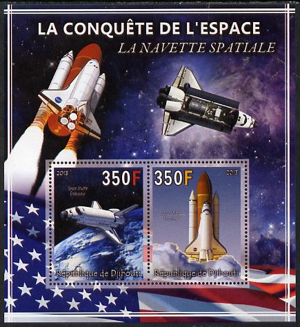 Djibouti 2013 Conquest of Space - Space Shuttle perf sheetlet containing 2 values unmounted mint, stamps on , stamps on  stamps on space, stamps on  stamps on , stamps on  stamps on shuttle, stamps on  stamps on rockets, stamps on  stamps on flags