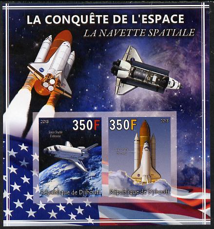 Djibouti 2013 Conquest of Space - Space Shuttle imperf sheetlet containing 2 values unmounted mint, stamps on , stamps on  stamps on space, stamps on  stamps on , stamps on  stamps on shuttle, stamps on  stamps on rockets, stamps on  stamps on flags