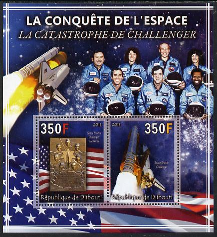 Djibouti 2013 Conquest of Space - The Challenger Disaster perf sheetlet containing 2 values unmounted mint, stamps on , stamps on  stamps on space, stamps on  stamps on , stamps on  stamps on shuttle, stamps on  stamps on rockets, stamps on  stamps on flags, stamps on  stamps on disasters