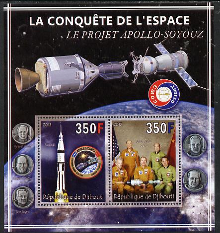 Djibouti 2013 Conquest of Space - Apollo-Soyuz Link-up perf sheetlet containing 2 values unmounted mint, stamps on space, stamps on rockets, stamps on satellites, stamps on apollo
