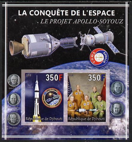 Djibouti 2013 Conquest of Space - Apollo-Soyuz Link-up imperf sheetlet containing 2 values unmounted mint, stamps on , stamps on  stamps on space, stamps on  stamps on rockets, stamps on  stamps on satellites, stamps on  stamps on apollo