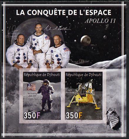 Djibouti 2013 Conquest of Space - Apollo 11 imperf sheetlet containing 2 values unmounted mint, stamps on , stamps on  stamps on space, stamps on  stamps on moon, stamps on  stamps on apollo, stamps on  stamps on flags