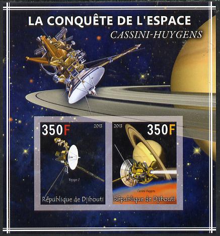 Djibouti 2013 Conquest of Space - Cassini-Huygens to Saturn imperf sheetlet containing 2 values unmounted mint, stamps on , stamps on  stamps on space, stamps on  stamps on satellites, stamps on  stamps on saturn, stamps on  stamps on planets