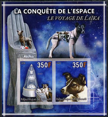 Djibouti 2013 Conquest of Space - Laika Space Dog imperf sheetlet containing 2 values unmounted mint, stamps on , stamps on  stamps on space, stamps on  stamps on dogs