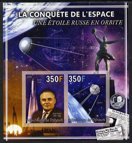 Djibouti 2013 Conquest of Space - Sputnik imperf sheetlet containing 2 values unmounted mint, stamps on space, stamps on satellites, stamps on sputnik, stamps on newspapers, stamps on rockets