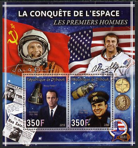 Djibouti 2013 Conquest of Space - First Men in Space perf sheetlet containing 2 values unmounted mint, stamps on space, stamps on satellites, stamps on flags, stamps on newspapers