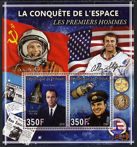 Djibouti 2013 Conquest of Space - First Men in Space perf sheetlet containing 2 values unmounted mint, stamps on , stamps on  stamps on space, stamps on  stamps on satellites, stamps on  stamps on flags, stamps on  stamps on newspapers