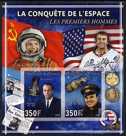 Djibouti 2013 Conquest of Space - First Men in Space imperf sheetlet containing 2 values unmounted mint, stamps on , stamps on  stamps on space, stamps on  stamps on satellites, stamps on  stamps on flags, stamps on  stamps on newspapers