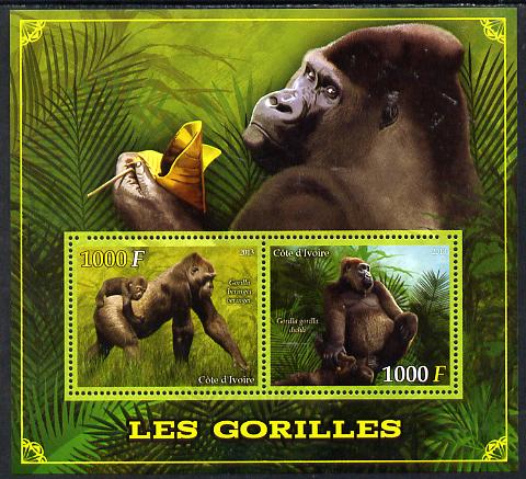 Ivory Coast 2013 Gorillas perf sheetlet containing two values unmounted mint, stamps on , stamps on  stamps on animals, stamps on  stamps on gorillas, stamps on  stamps on apes