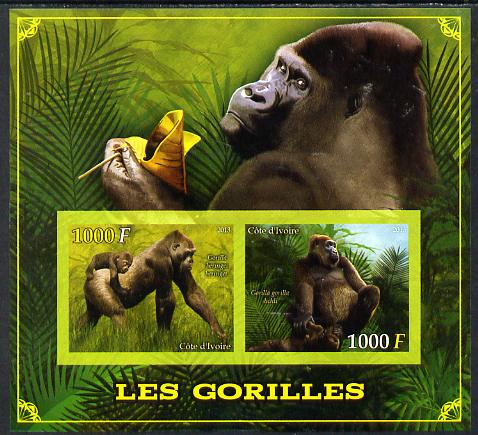 Ivory Coast 2013 Gorillas imperf sheetlet containing two values unmounted mint, stamps on , stamps on  stamps on animals, stamps on  stamps on gorillas, stamps on  stamps on apes