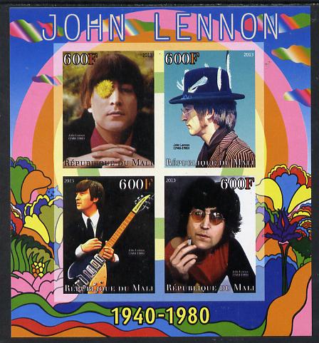 Mali 2013 John Lennon imperf sheetlet containing four values unmounted mint, stamps on personalities, stamps on shaped, stamps on circular, stamps on beatles, stamps on rock, stamps on pops, stamps on music, stamps on lennon