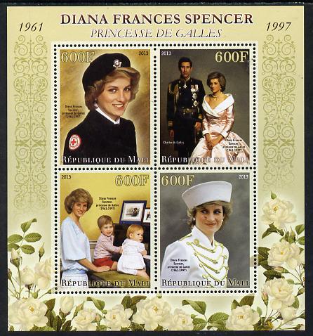 Mali 2013 Princess Diana perf sheetlet containing four values unmounted mint, stamps on personalities, stamps on shaped, stamps on circular, stamps on diana, stamps on royalty