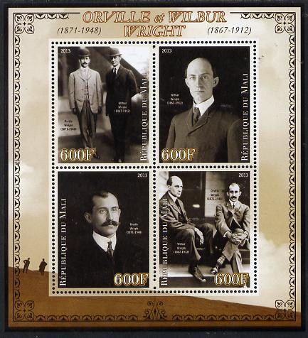 Mali 2013 Orville & Wilbur Wright perf sheetlet containing four values unmounted mint, stamps on personalities, stamps on shaped, stamps on circular, stamps on aviation, stamps on wright