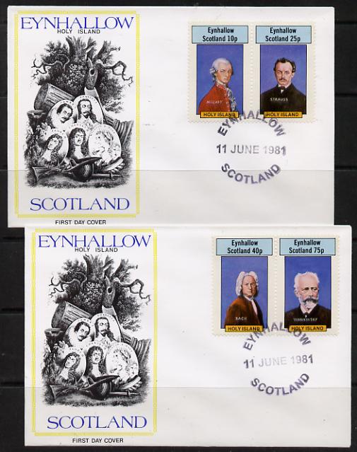 Eynhallow 1981 Composers (Mozart, Strauss, Bach & Tchaikovski) perf set of 4 on two illustrated covers with first day cancels, stamps on , stamps on  stamps on music, stamps on personalities, stamps on composers, stamps on masonics, stamps on  stamps on  law , stamps on  stamps on opera, stamps on  stamps on personalities, stamps on  stamps on mozart, stamps on  stamps on music, stamps on  stamps on composers, stamps on  stamps on masonics, stamps on  stamps on masonry, stamps on  stamps on bach