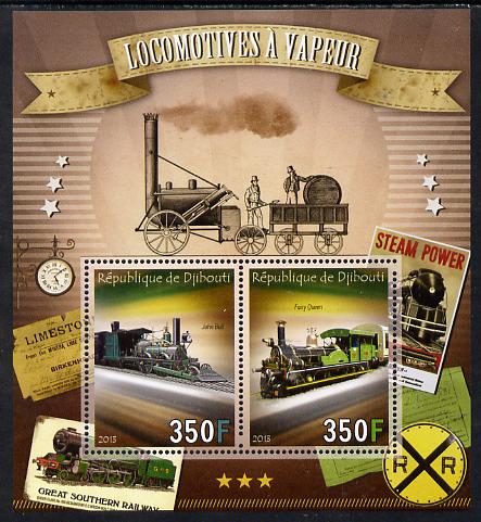 Djibouti 2013 Early Steam Locos perf sheetlet containing two values unmounted mint, stamps on , stamps on  stamps on railways, stamps on  stamps on 