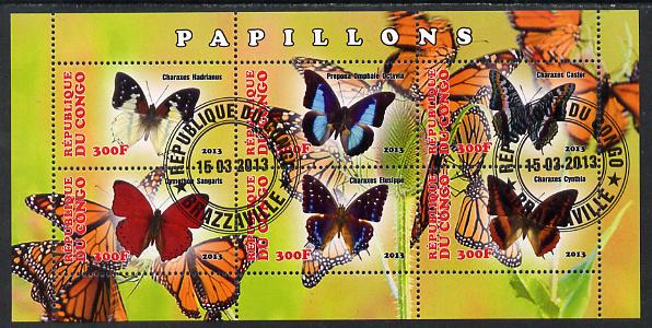 Congo 2013 Butterflies #3 perf sheetlet containing six values fine cto used, stamps on , stamps on  stamps on butterflies