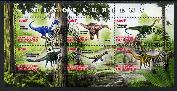 Congo 2013 Dinosaurs #2 perf sheetlet containing six values fine cto used, stamps on , stamps on  stamps on dinosaurs