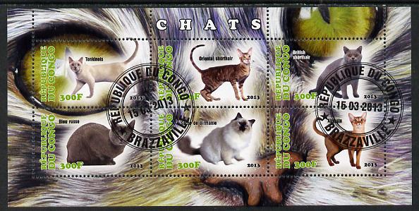 Congo 2013 Domestic Cats #2 perf sheetlet containing six values fine cto used, stamps on cats