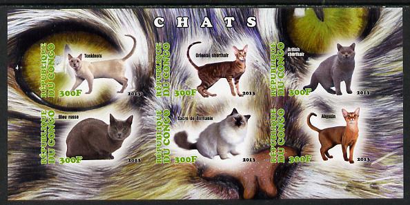 Congo 2013 Domestic Cats #2 imperf sheetlet containing six values unmounted mint, stamps on , stamps on  stamps on cats