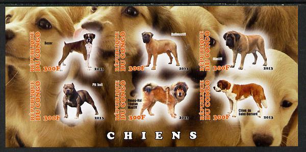 Congo 2013 Dogs #2 imperf sheetlet containing six values unmounted mint, stamps on , stamps on  stamps on dogs