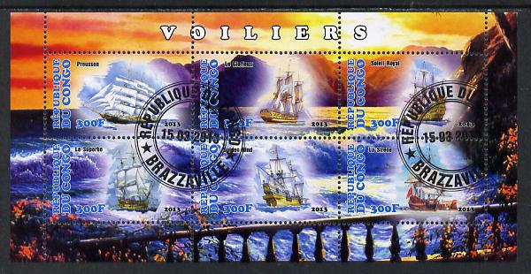 Congo 2013 Sailing Ships #1 perf sheetlet containing six values fine cto used, stamps on ships