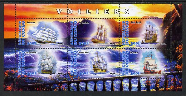 Congo 2013 Sailing Ships #1 perf sheetlet containing six values unmounted mint, stamps on , stamps on  stamps on ships