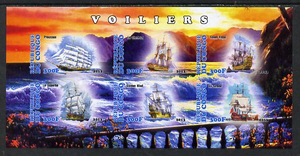 Congo 2013 Sailing Ships #1 imperf sheetlet containing six values unmounted mint, stamps on , stamps on  stamps on ships