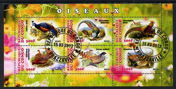 Congo 2013 Birds - Game Birds perf sheetlet containing six values fine cto used, stamps on birds, stamps on pheasants