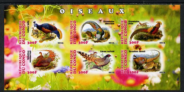 Congo 2013 Birds - Game Birds imperf sheetlet containing six values unmounted mint, stamps on , stamps on  stamps on birds, stamps on  stamps on pheasants