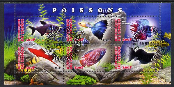 Congo 2013 Fish perf sheetlet containing six values fine cto used, stamps on , stamps on  stamps on fish