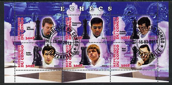 Congo 2013 Chess Masters perf sheetlet containing six values fine cto used, stamps on , stamps on  stamps on chess