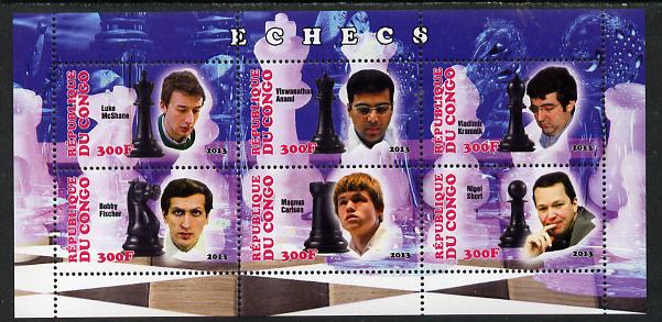 Congo 2013 Chess Masters perf sheetlet containing six values unmounted mint, stamps on , stamps on  stamps on chess