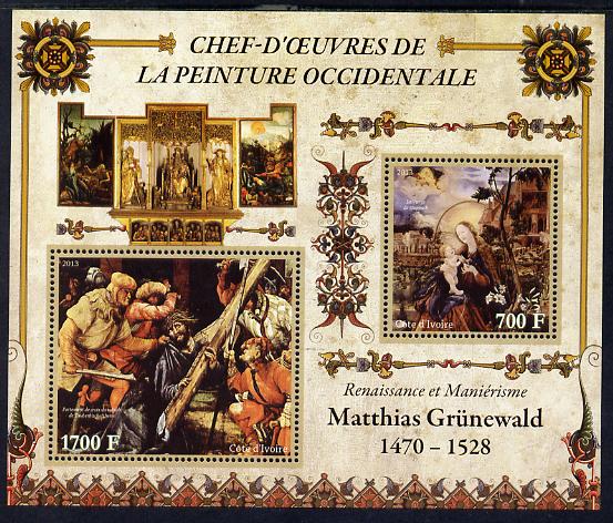 Ivory Coast 2013 Art Masterpieces from the Western World - Renaissance & Mannerism - Matthias Grunewald perf sheetlet containing 2 values unmounted mint, stamps on , stamps on  stamps on arts, stamps on  stamps on grunewald, stamps on  stamps on renaissance, stamps on  stamps on mannerism