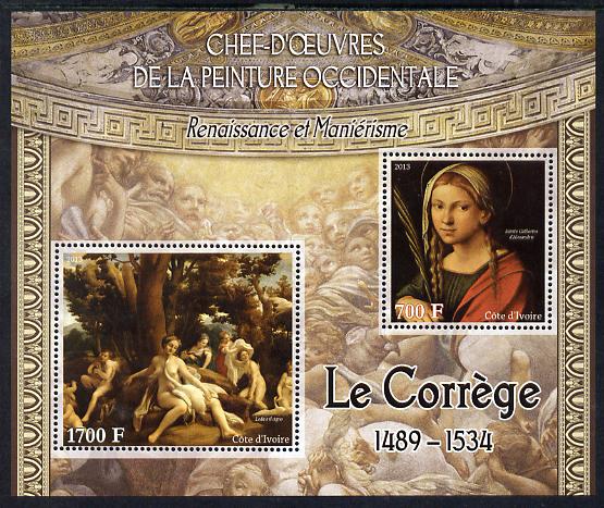Ivory Coast 2013 Art Masterpieces from the Western World - Renaissance & Mannerism - Correggio perf sheetlet containing 2 values unmounted mint, stamps on arts, stamps on correggio, stamps on renaissance, stamps on mannerism, stamps on nudes