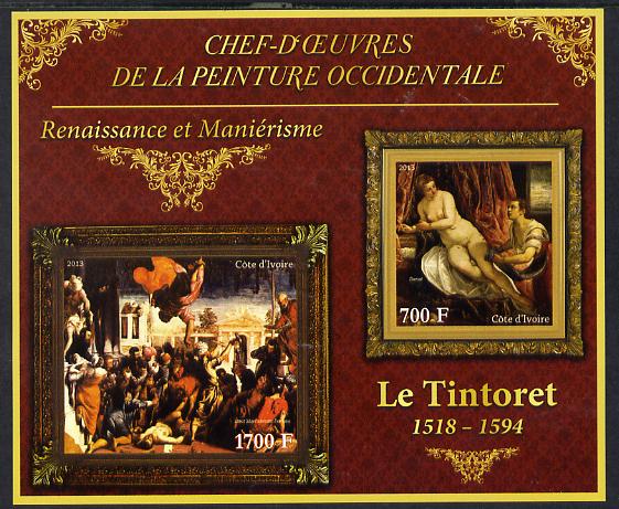 Ivory Coast 2013 Art Masterpieces from the Western World - Renaissance & Mannerism - Tintoretto imperf sheetlet containing 2 values unmounted mint, stamps on , stamps on  stamps on arts, stamps on  stamps on renaissance, stamps on  stamps on mannerism, stamps on  stamps on tintoretto, stamps on  stamps on nudes