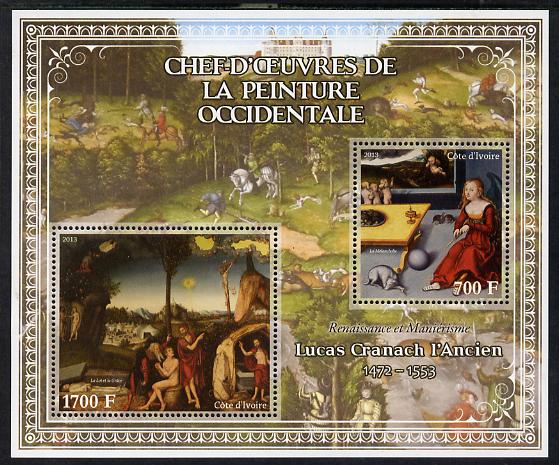 Ivory Coast 2013 Art Masterpieces from the Western World - Renaissance & Mannerism - Lucas Cranach (Cranach the Elder) perf sheetlet containing 2 values unmounted mint, stamps on arts, stamps on renaissance, stamps on mannerism, stamps on cranach