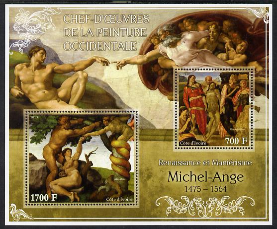 Ivory Coast 2013 Art Masterpieces from the Western World - Renaissance & Mannerism - Michelangelo perf sheetlet containing 2 values unmounted mint, stamps on arts, stamps on renaissance, stamps on mannerism, stamps on michelangelo