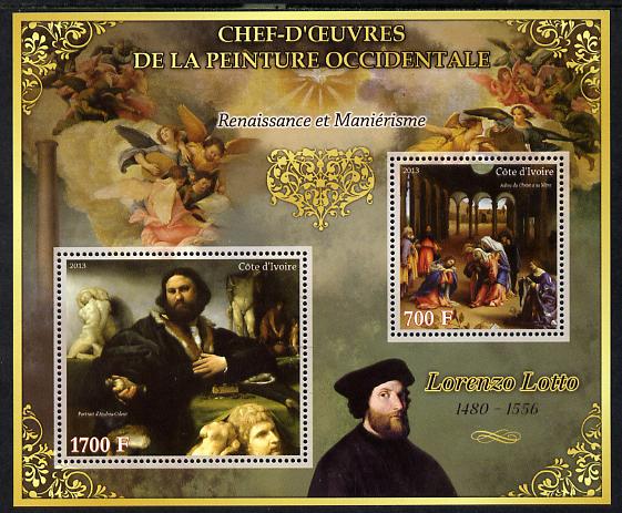 Ivory Coast 2013 Art Masterpieces from the Western World - Renaissance & Mannerism - Lorenzo Lotto perf sheetlet containing 2 values unmounted mint, stamps on arts, stamps on renaissance, stamps on mannerism, stamps on lotto