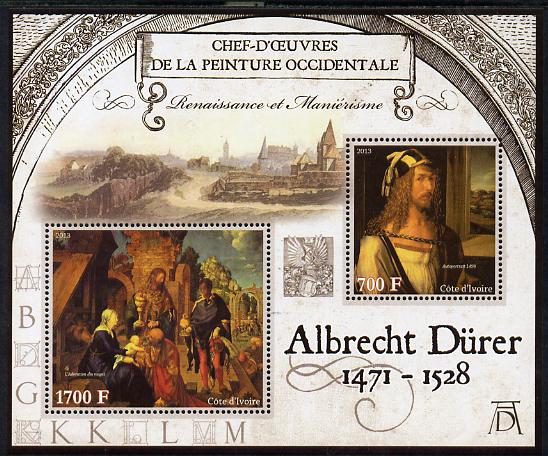 Ivory Coast 2013 Art Masterpieces from the Western World - Renaissance & Mannerism - Albrecht Durer perf sheetlet containing 2 values unmounted mint, stamps on arts, stamps on renaissance, stamps on mannerism, stamps on durer