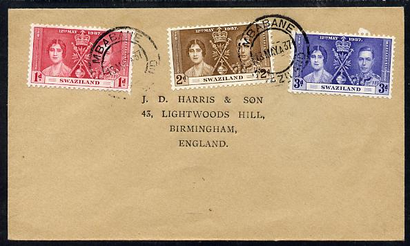 Swaziland 1937 KG6 Coronation set of 3 on plain cover with first day cancel addressed to the forger, J D Harris.  Harris was imprisoned for 9 months after Robson Lowe exposed him for applying forged first day cancels to Coronation covers (details supplied)., stamps on , stamps on  stamps on , stamps on  stamps on  kg6 , stamps on  stamps on forgery, stamps on  stamps on forger, stamps on  stamps on forgeries, stamps on  stamps on coronation