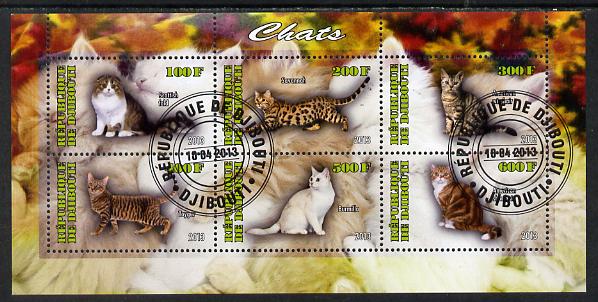 Djibouti 2013 Domestic Cats #2 perf sheetlet containing 6 values cto used, stamps on , stamps on  stamps on cats