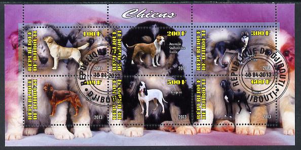 Djibouti 2013 Dogs #2 perf sheetlet containing 6 values cto used, stamps on dogs