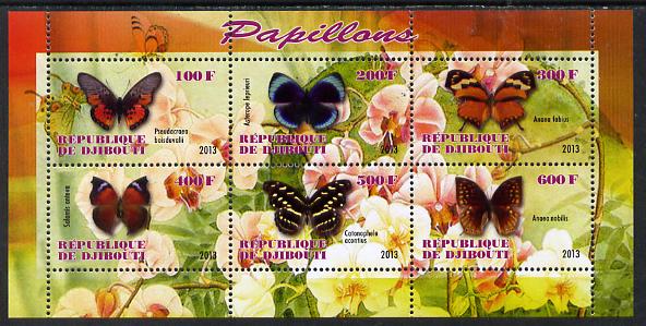 Djibouti 2013 Butterflies #3 perf sheetlet containing 6 values unmounted mint, stamps on , stamps on  stamps on butterflies