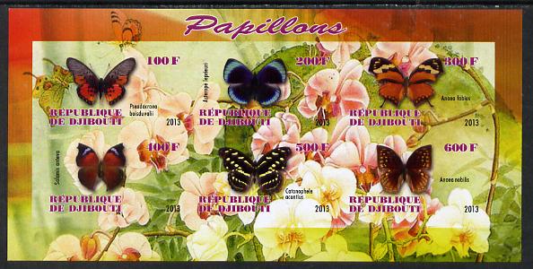 Djibouti 2013 Butterflies #3 imperf sheetlet containing 6 values unmounted mint, stamps on , stamps on  stamps on butterflies