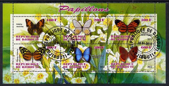 Djibouti 2013 Butterflies #4 perf sheetlet containing 6 values cto used, stamps on , stamps on  stamps on butterflies