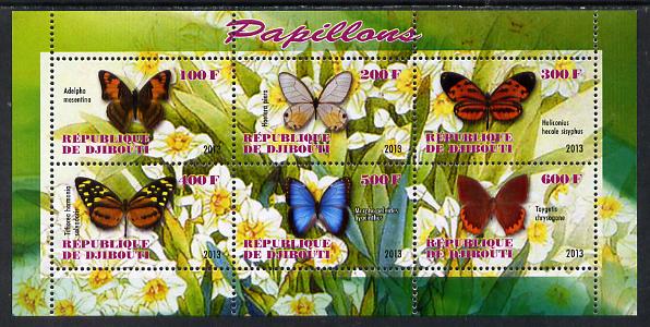 Djibouti 2013 Butterflies #4 perf sheetlet containing 6 values unmounted mint, stamps on , stamps on  stamps on butterflies