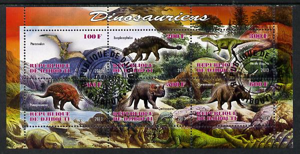 Djibouti 2013 Dinosaurs #2 perf sheetlet containing 6 values cto used, stamps on , stamps on  stamps on dinosaurs