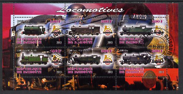 Djibouti 2013 British Steam Locomotives #2 perf sheetlet containing 6 values cto used, stamps on , stamps on  stamps on railways